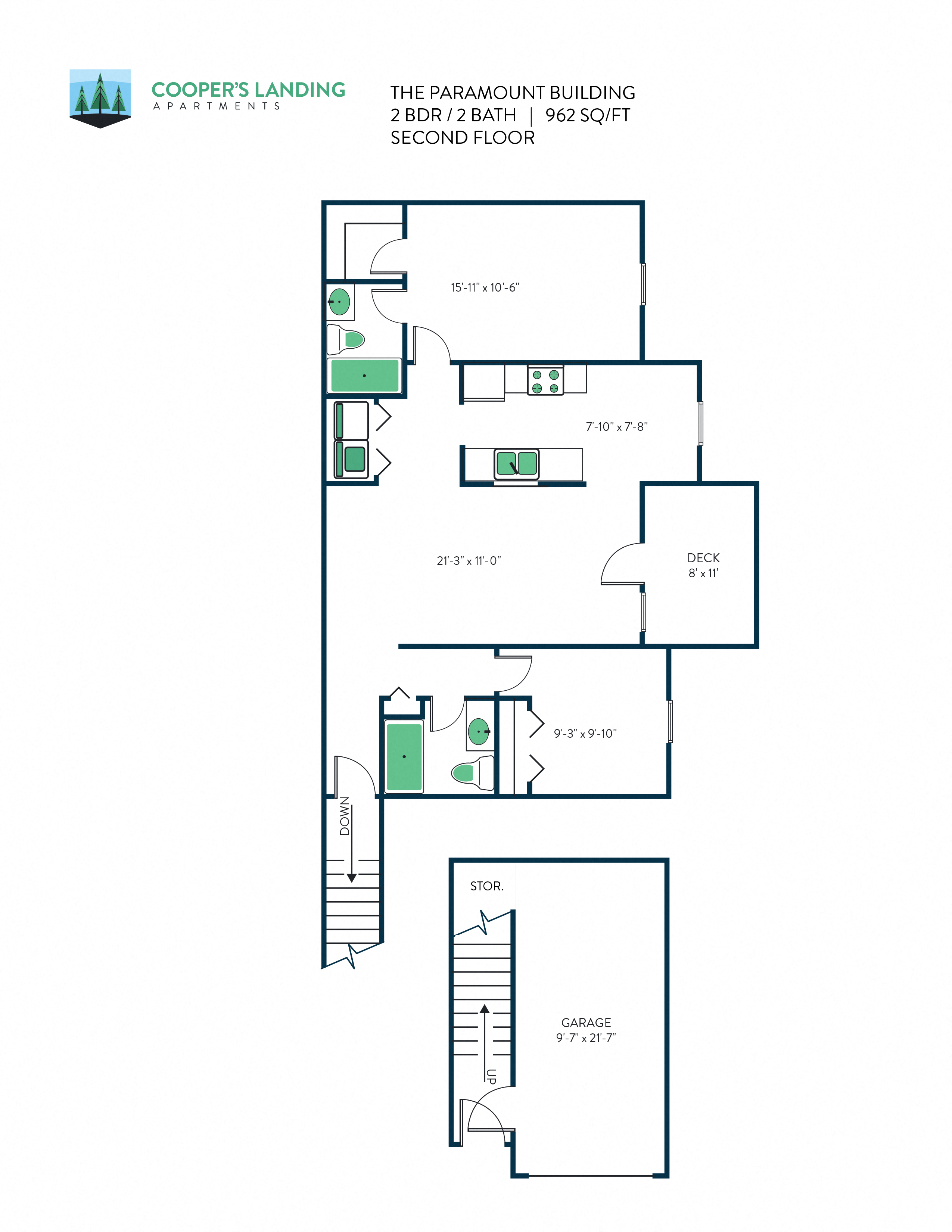 Floor plan for 2 beds, 2 baths, 962 sqft